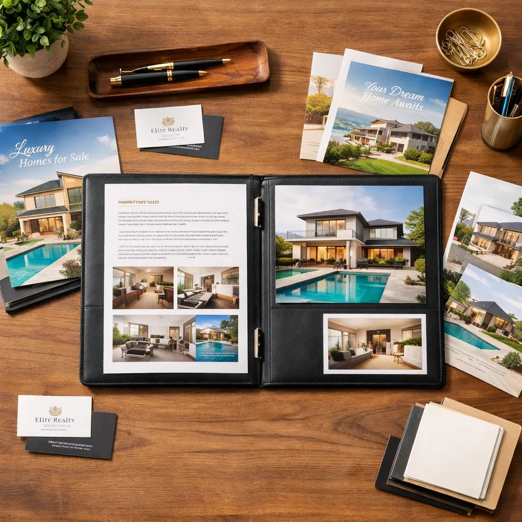 Real estate marketing materials with house listing photos and presentation folders