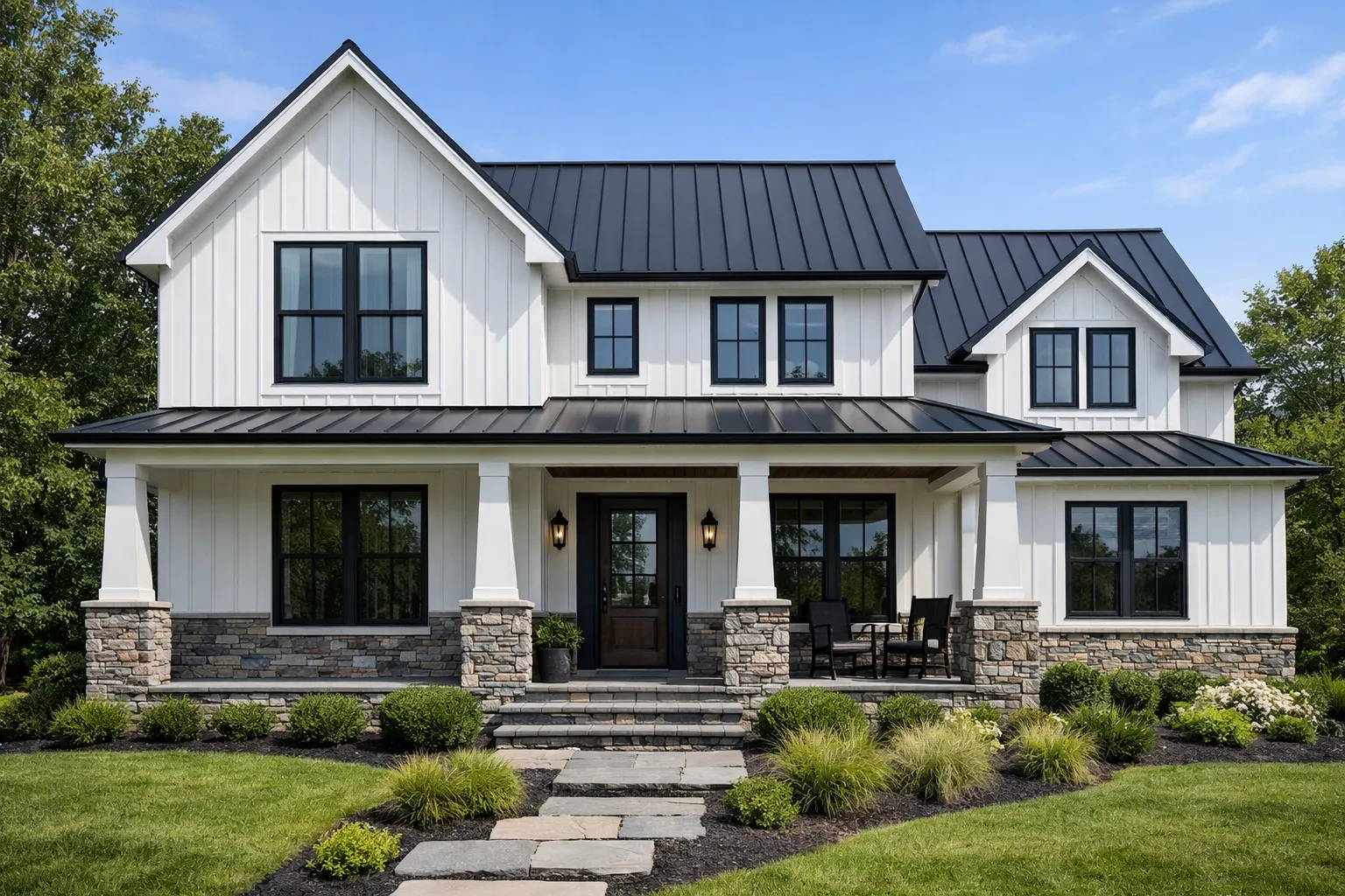 AI exterior home design showing modern farmhouse transformation with black windows and board batten siding