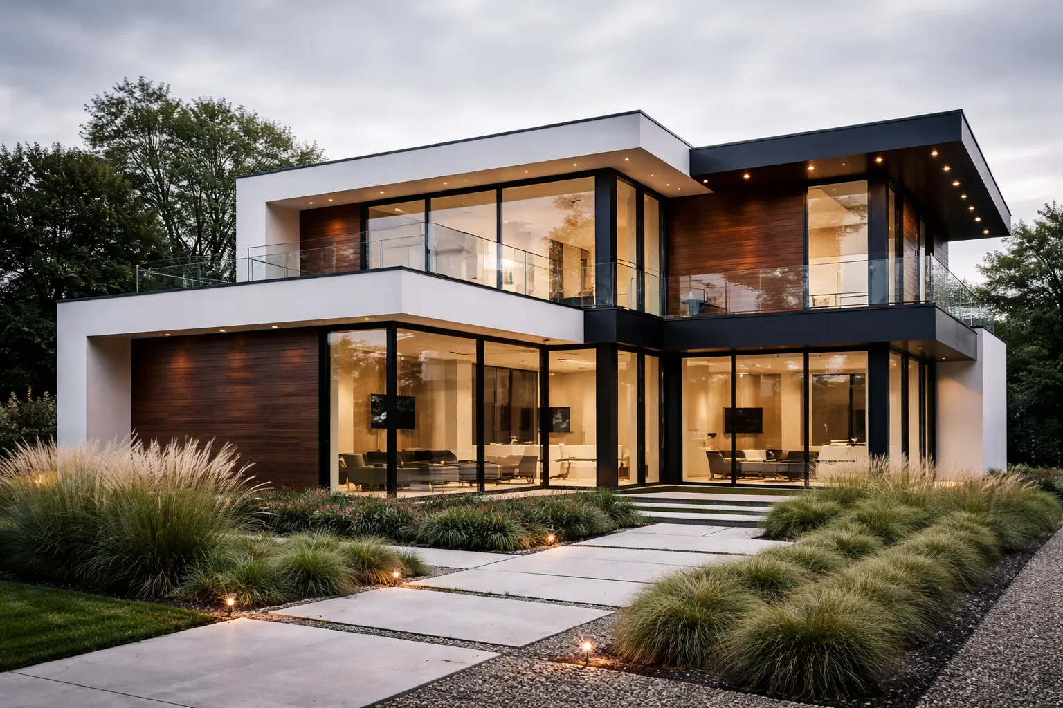 Best AI exterior home design displaying modern glass and steel architecture