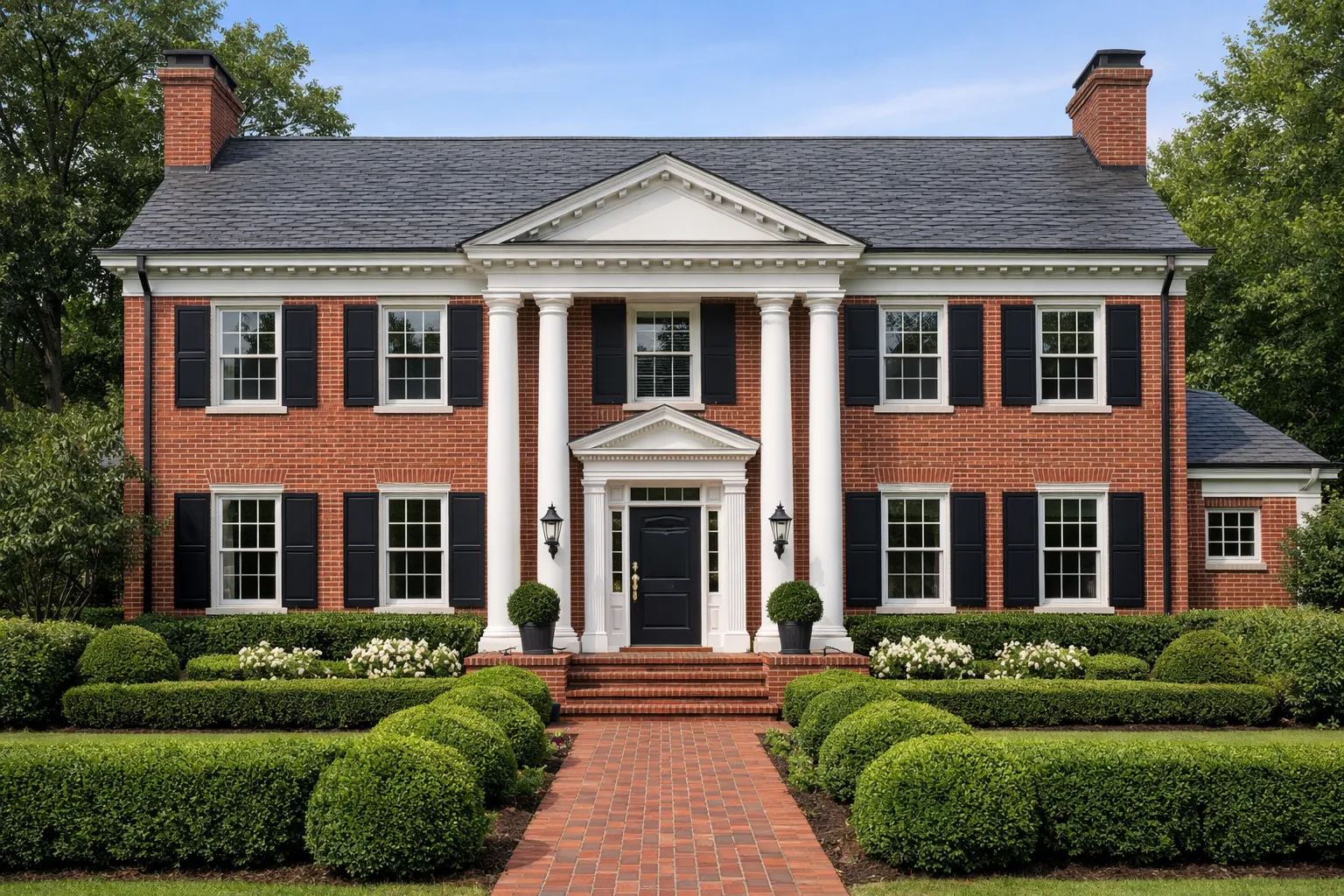 AI home exterior design free upload photo result showing colonial symmetry with modern palette