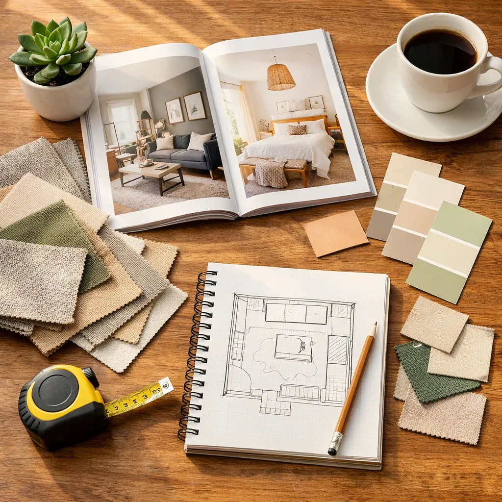 Homeowner using AI interior design app on tablet to redesign living room