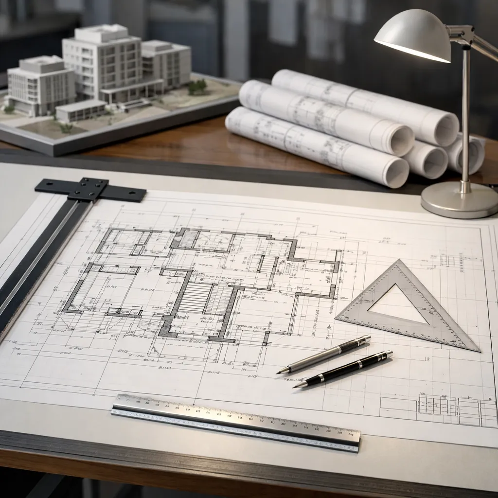 Architect reviewing AI-generated interior design visualizations from architectural plans