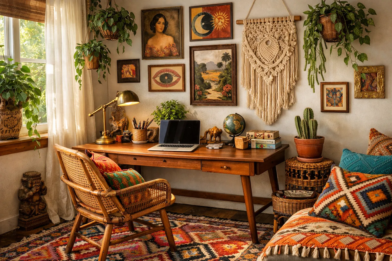 Free AI interior design generator creating bohemian home office from floor plan