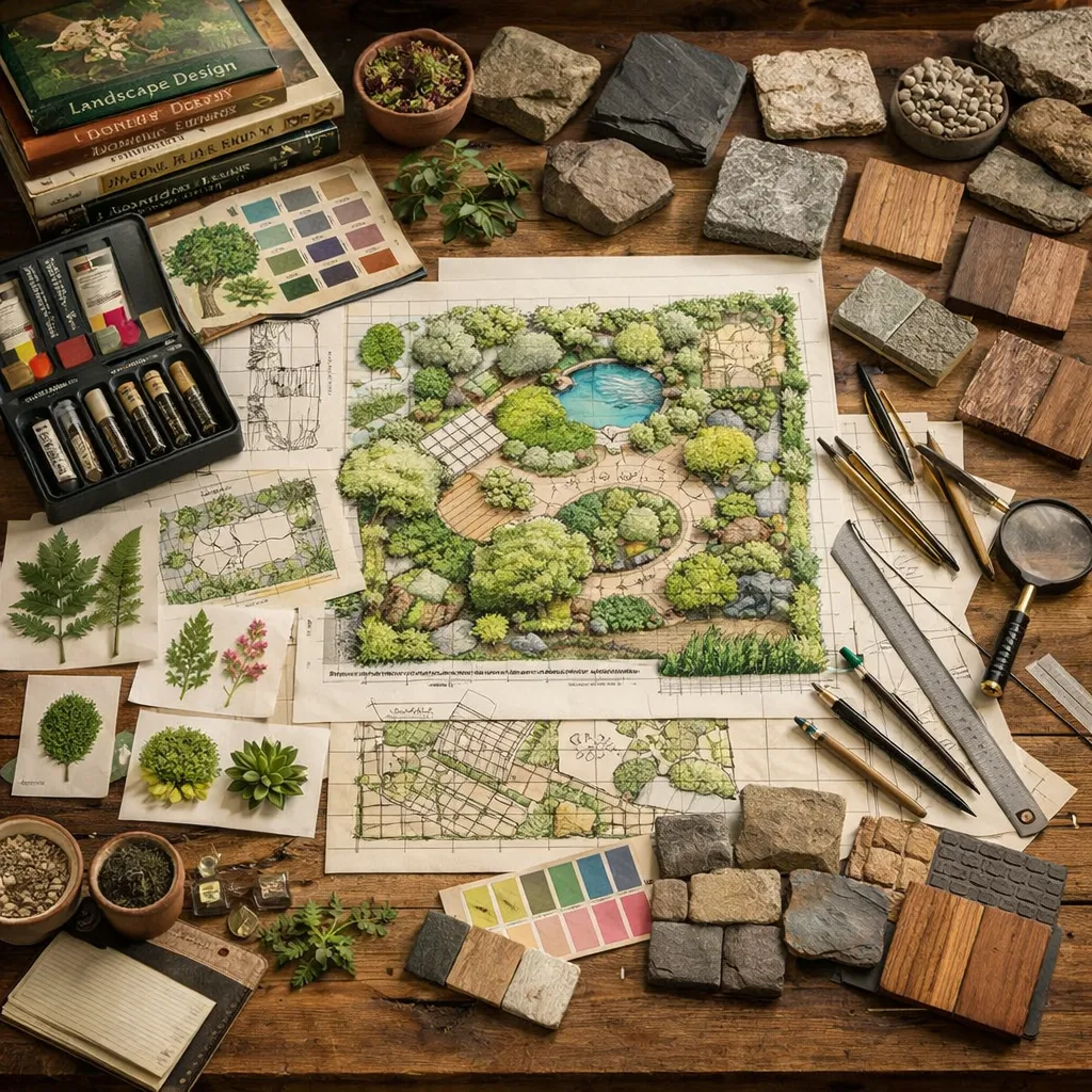 Professional landscape design workspace with planning tools and plant references