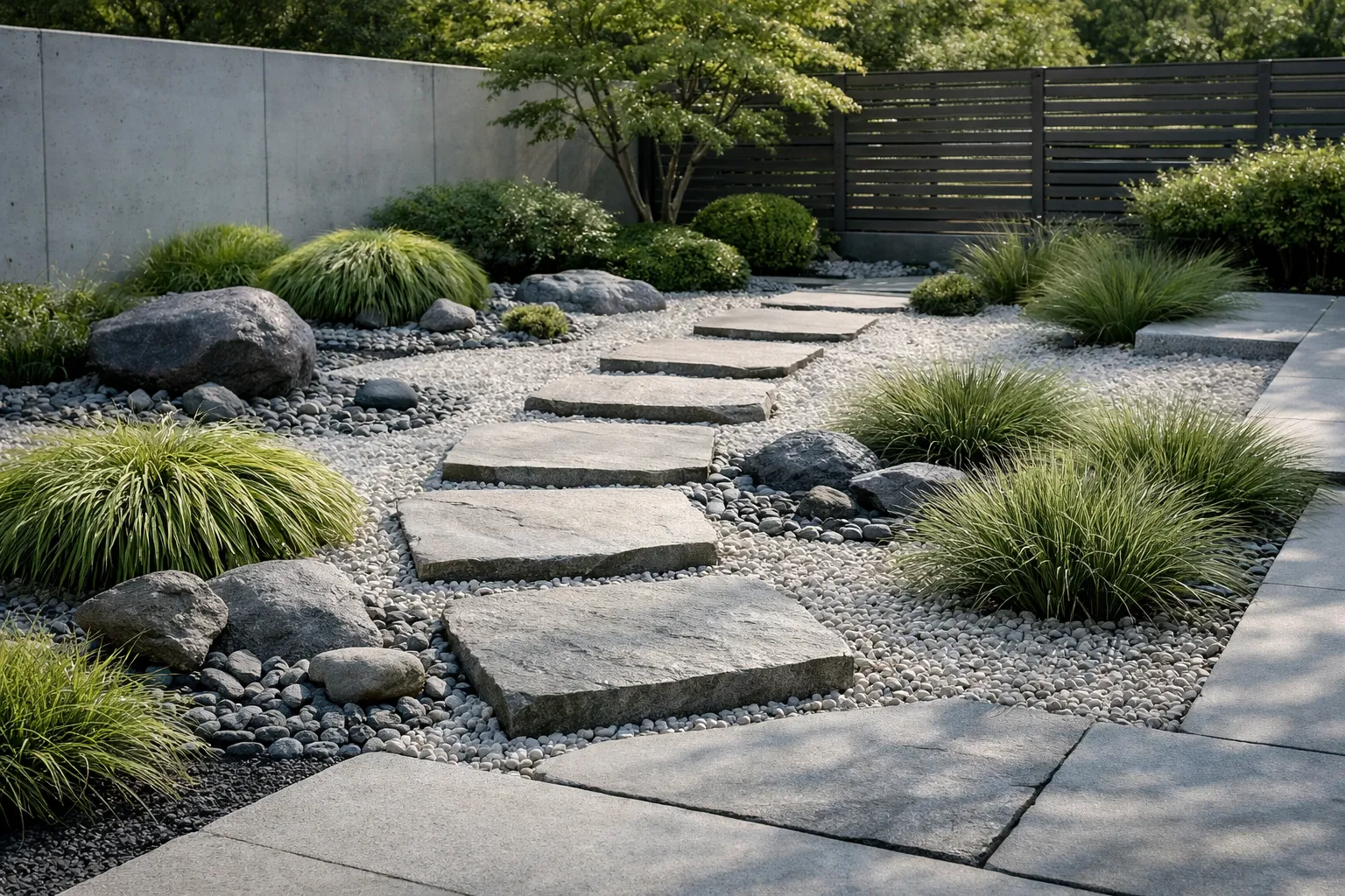AI landscape design showing modern zen garden transformation