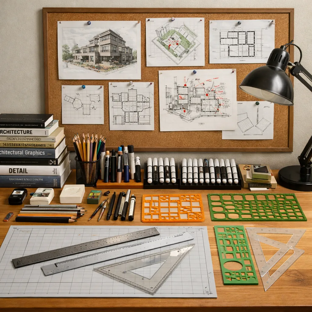 Architecture student desk with sketches, drafting tools, and project materials for AI render online free
