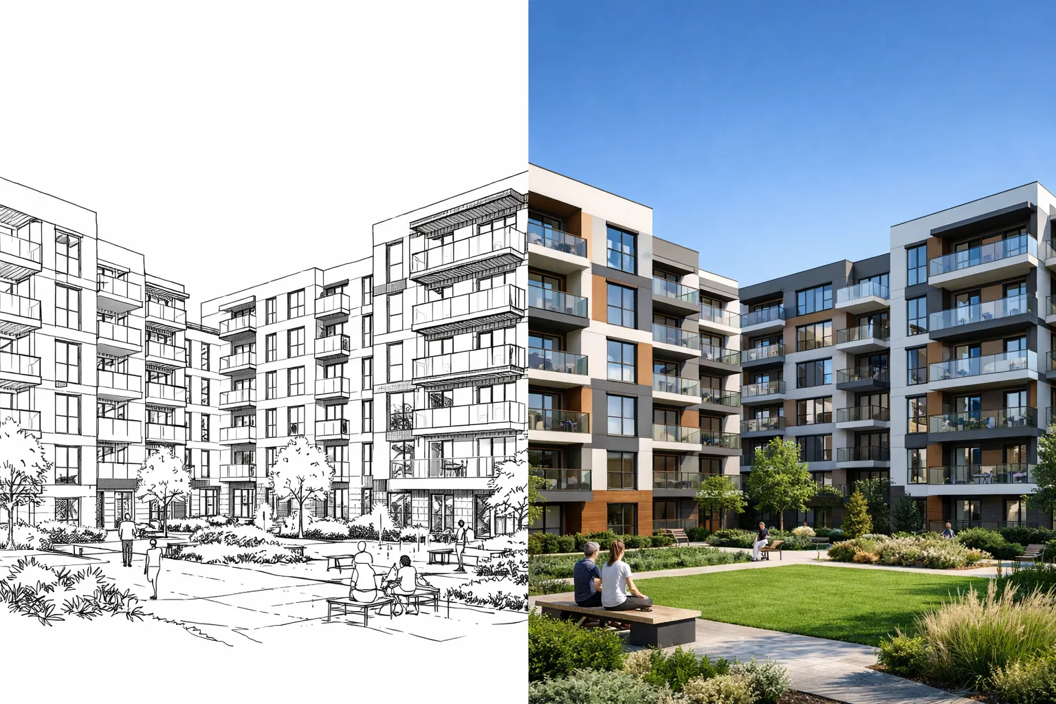 Residential complex architectural sketches transformed using AI render online free tool