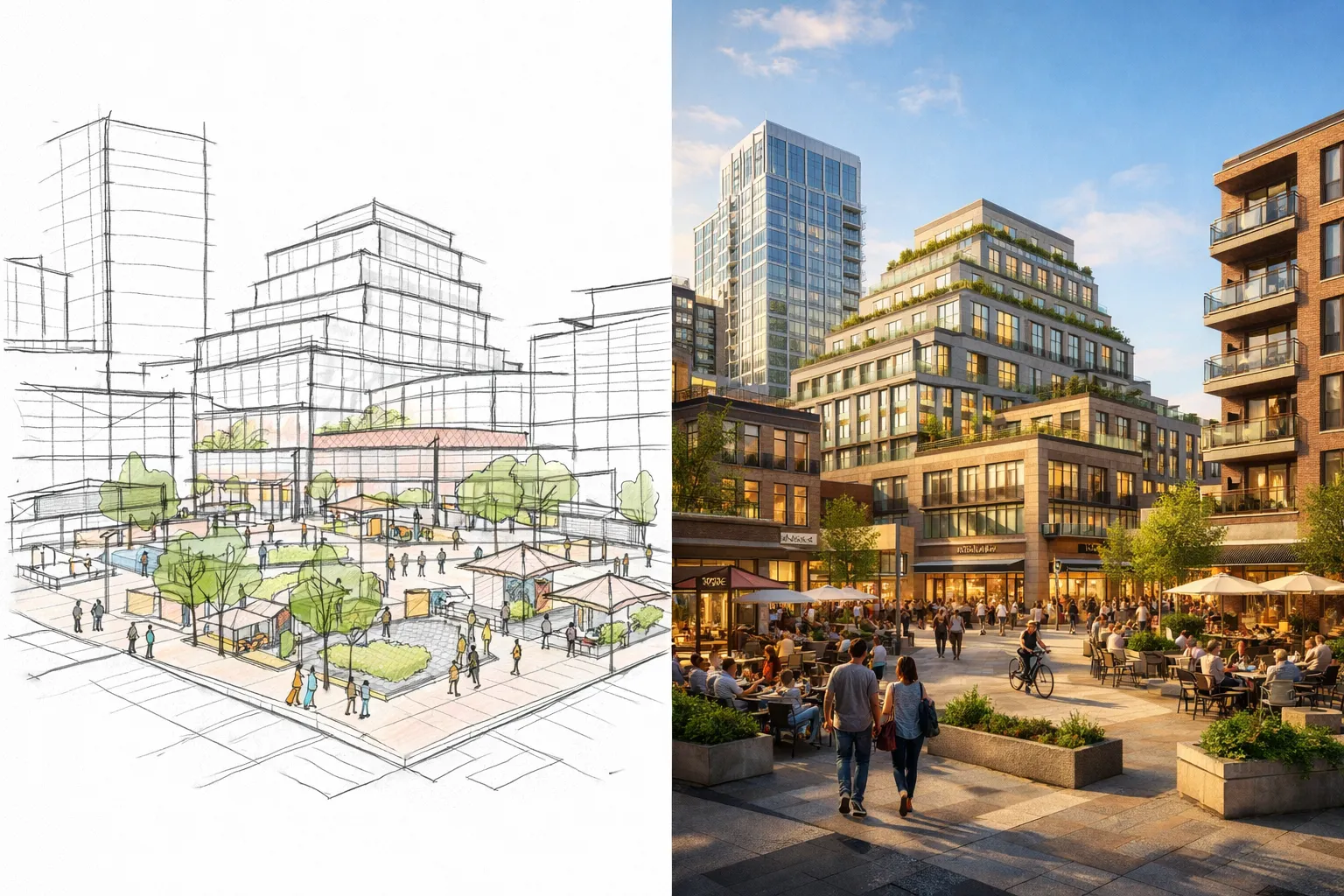 Urban planning sketch to render AI showing photorealistic city development visualization